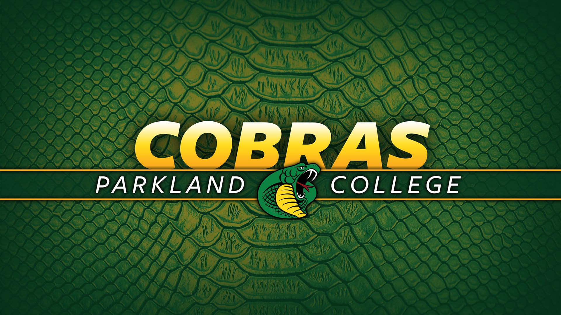 parkland college cobras logo on green snakeskin background